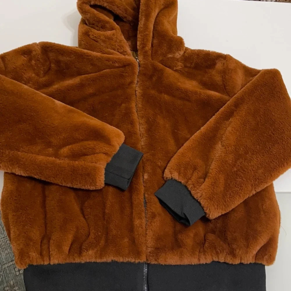 Odiva faux fur plush bomber jacket brown size M - Picture 4 of 16